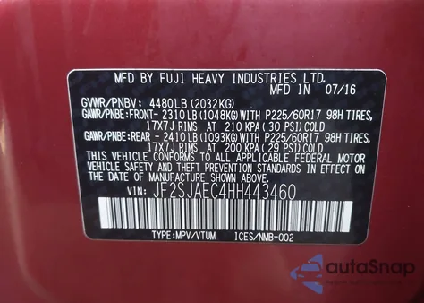 2017 Subaru Forester 2.5I Premium из США, поврежденный, VIN JF2SJAEC4HH443460